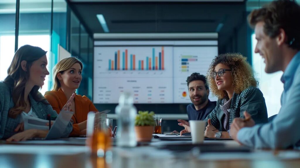 Ai Crm Benefits: Boost Efficiency In Small Business Operations 109 A sleek, modern office workspace showcases a diverse team engaged in a lively discussion around a large digital screen displaying the ai crm system, emphasizing collaboration and innovation in small business operations.
