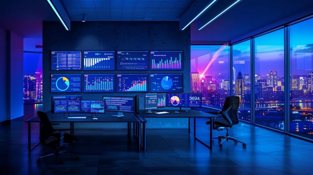 Seamless Tool Integration For Ai Crm: Maximize Your Business Impact 85 A sleek, modern office workspace with multiple digital screens displaying interconnected ai crm dashboards, showcasing real-time data analytics and seamless tool integration in vibrant colors.