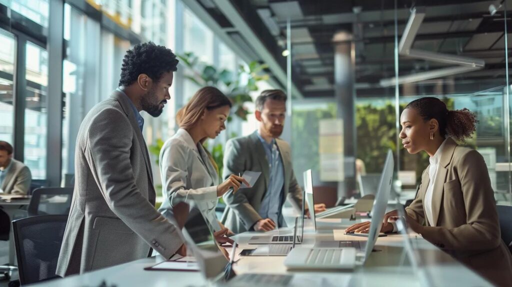 Ai Crm Vs. Traditional Crm: Choose Wisely, Small Biz Owners! 3 A sleek office environment showcases a diverse group of professionals engaging with futuristic ai crm software on high-resolution screens, highlighting their seamless user experience and intuitive interface compared to traditional crm systems.