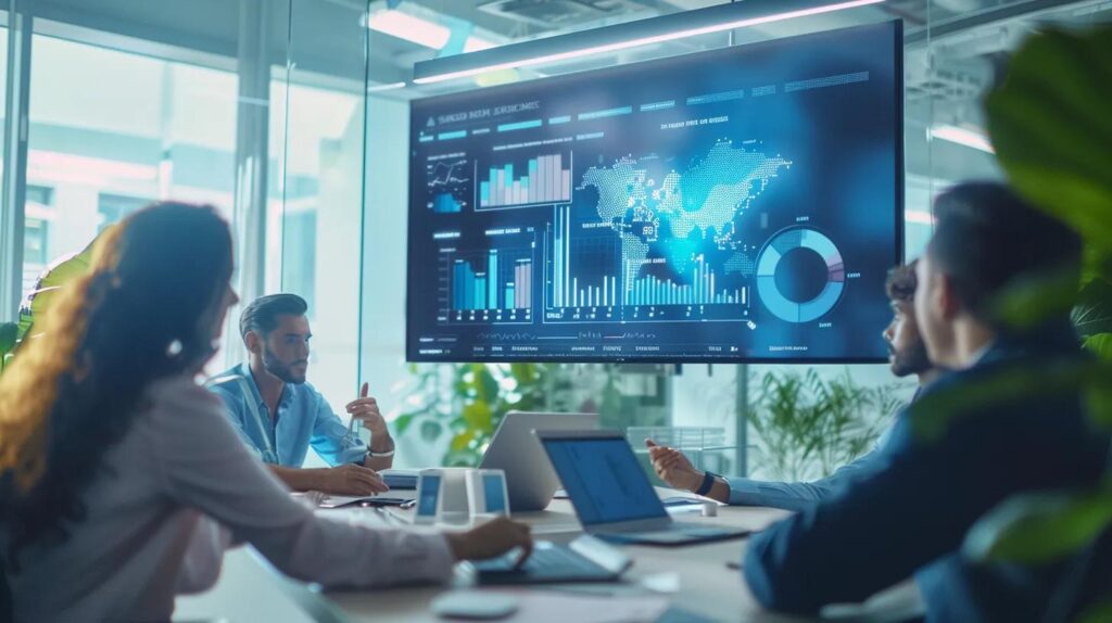 Cost-Effective Ai Crm Options For Small Business Owners 4 A small business team huddles around a sleek conference table, analyzing vibrant graphs and charts displayed on a large screen, while discussing the evaluation of discounted ai crm solutions in a modern office setting.