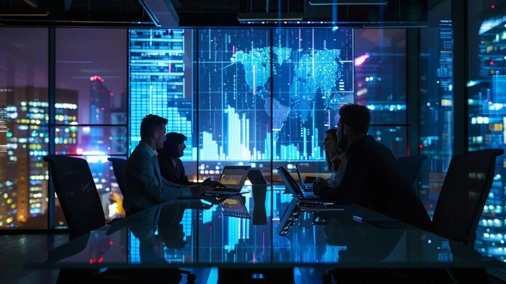 a tense office environment captures a small business team gathered around a sleek conference table, anxiously reviewing compliance reports on digital screens, highlighting the serious implications of ai crm risks and regulatory penalties.