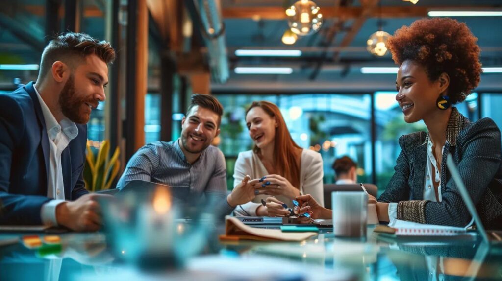 an engaging office scene showcases a team of diverse consultants collaborating over digital devices and compliance charts, emphasizing their expertise in ai crm compliance strategies and regulatory guidance for small businesses.