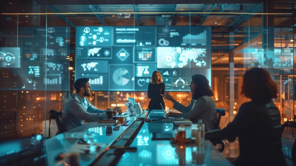 Key Factors In Best Ai Crm Pricing For Business Success 111 An engaging office setting showcases a sleek digital interface displaying various ai crm pricing plans, surrounded by professionals in thoughtful discussion, highlighting the strategic consideration of choosing the best solution for their business needs.