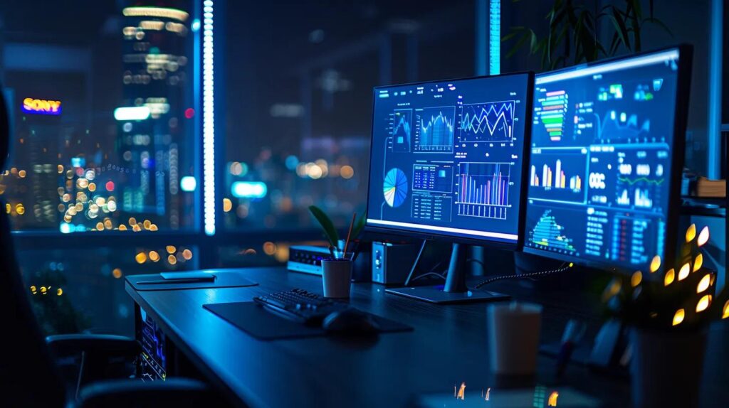 an illuminated modern office workspace displays sleek computer screens showcasing dynamic graphs and analytics, symbolizing ai's role in minimizing human error in compliance processes through automated data monitoring and risk assessment.