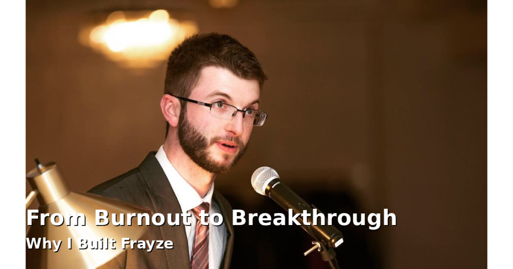 From Burnout To Breakthrough: Why I Built Frayze 155 Denis mahoney speaking at a podium, representing his journey from burnout to building frayze technologies