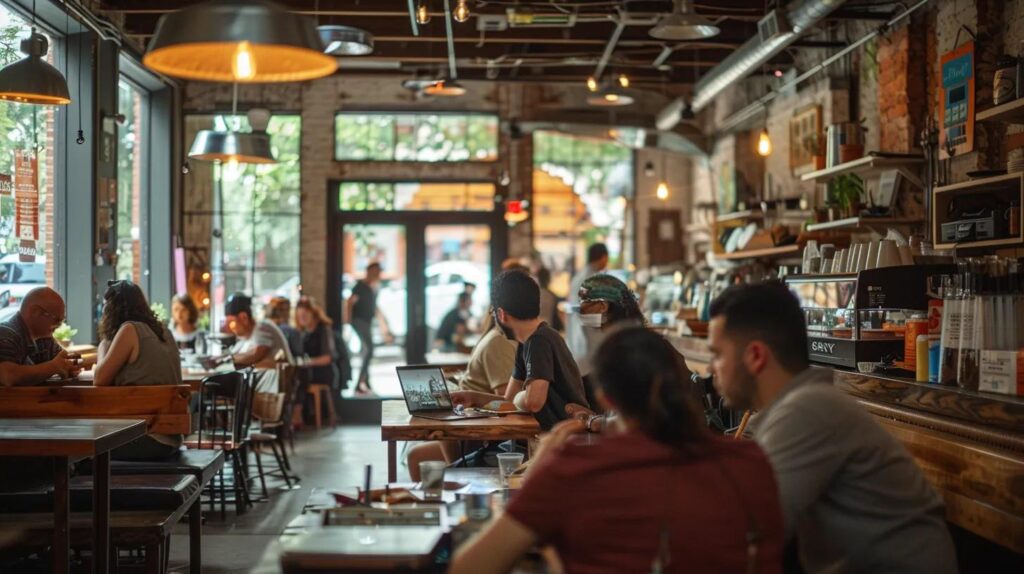 Create A Blog That Appeals To Your Local Audience 5 A bustling urban café with diverse patrons engaged in discussion over laptops, showcasing vibrant product displays and community bulletin boards, symbolizing the intersection of local blogging and community engagement.
