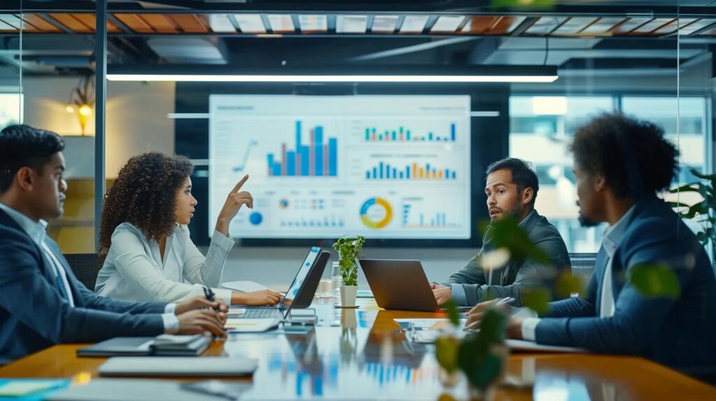 Strategies For Effective Lead Acquisition You Need To Know 4 A dynamic office scene showcases a diverse team engaged in a strategy session around a modern conference table, analyzing digital graphs and lead data on sleek laptops, conveying the urgency of overcoming lead acquisition challenges.