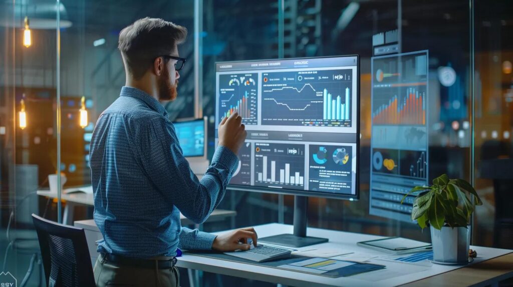 Strategies For Budgeting In Lead Generation For Better Engagement 3 A dynamic office setting showcases a focused professional analyzing digital dashboards filled with vivid graphs and charts, illustrating real-time lead generation metrics and roi optimization strategies.