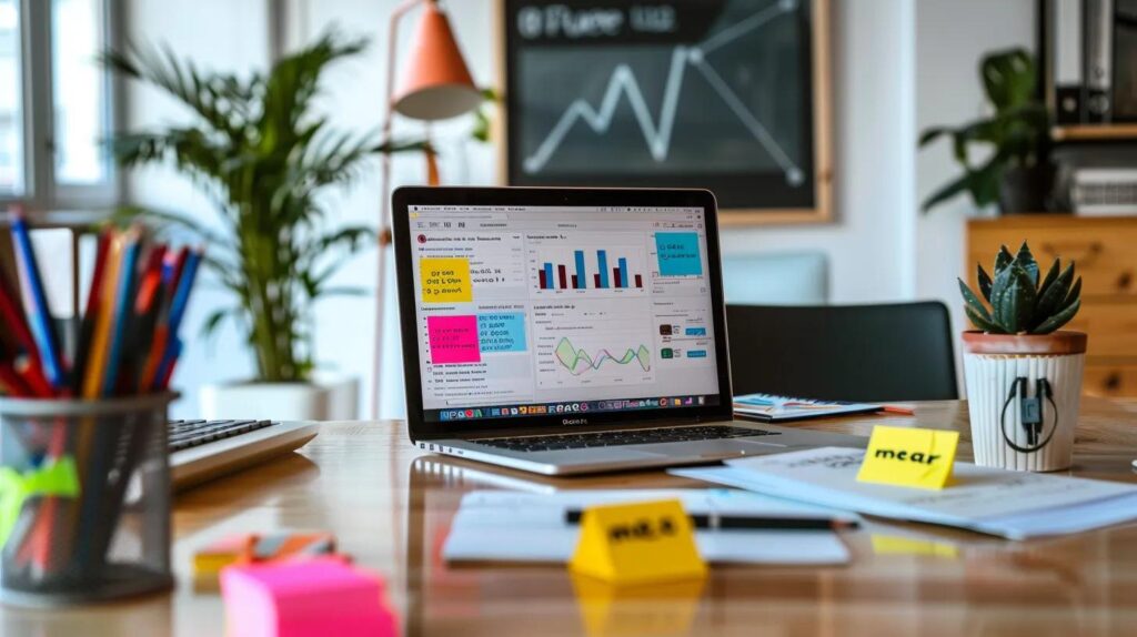 Create A Blog That Appeals To Your Local Audience 4 A sleek, modern office workspace features a laptop displaying an analytics dashboard, surrounded by colorful post-it notes with local keywords, illustrating the dynamic process of optimizing a blog for local search and “near me” queries.