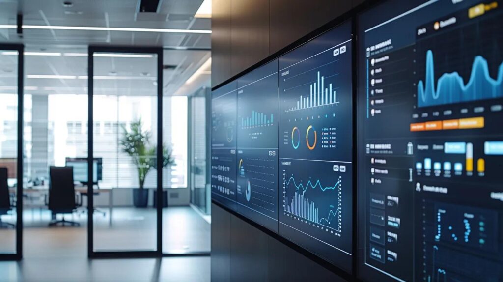 Strategies For Effective Lead Acquisition You Need To Know 3 A sleek, modern office with digital dashboards displaying vibrant kpis and analytics on large screens, emphasizing the dynamic tracking of lead acquisition strategies in a high-tech environment.
