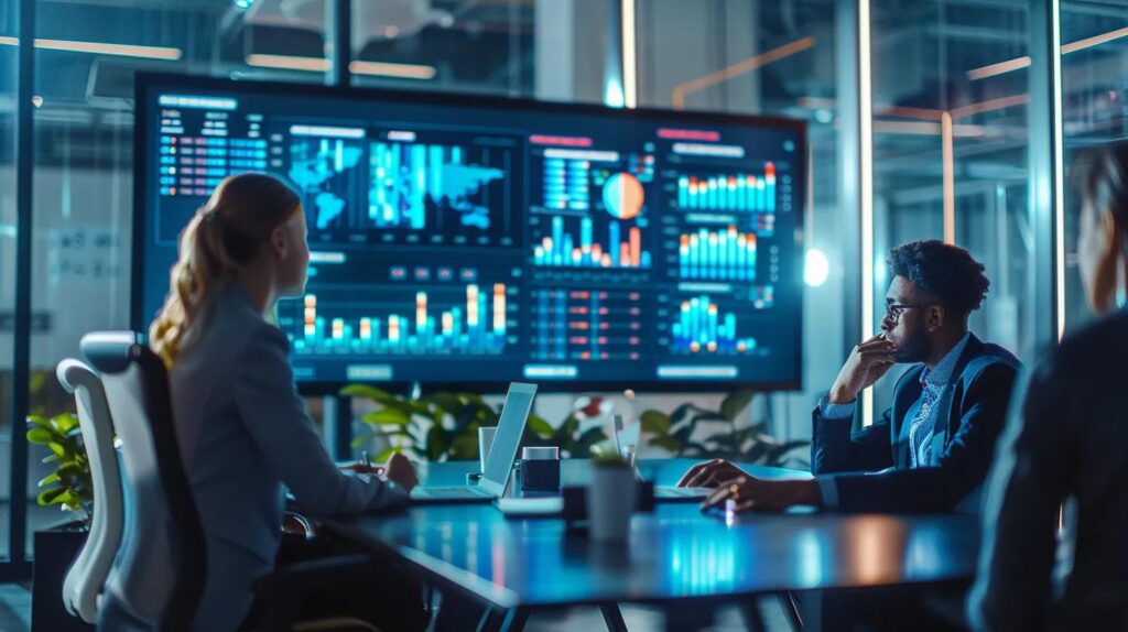 Strategies For Budgeting In Lead Generation For Better Engagement 2 A sleek, modern office space features a large digital screen displaying vibrant graphs and data insights on lead generation budgets, with professionals engaged in focused discussions around a sleek conference table.