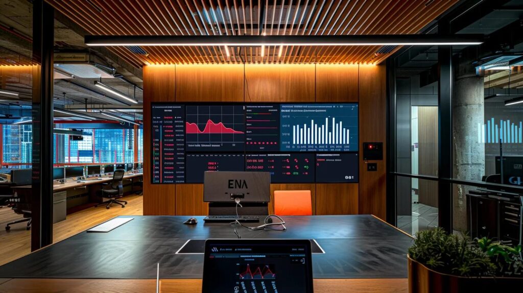 Strategies For Budgeting In Lead Generation For Better Engagement 27 A sleek, modern office workspace showcases a vibrant digital dashboard displaying engagement metrics and budget allocations, illuminated by dynamic led lights that emphasize the theme of maximizing roi in lead generation.