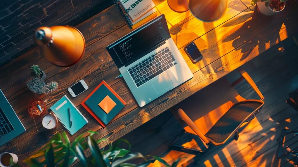 Strategic Lead Generation Techniques To Increase Small Business Sales 3 A vibrant office workspace features a sleek laptop opened to a visually engaging ebook cover, surrounded by colorful lead magnet examples displayed prominently, illustrating the innovative strategies small businesses can use to capture leads.