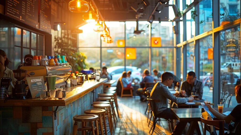 Create A Blog That Appeals To Your Local Audience 3 A vibrant urban cafe bustling with customers engaging in conversation around colorful promotional displays and loyalty program signage, highlighting the excitement of exclusive offers and community connection.