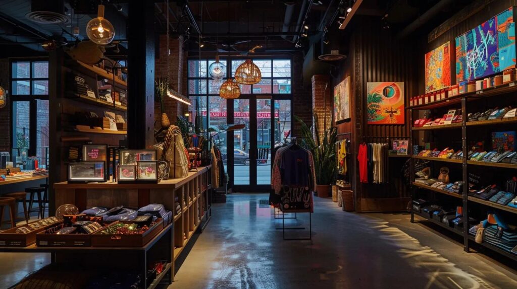 Create A Blog That Appeals To Your Local Audience 2 A vibrant urban storefront display showcases an array of locally crafted products, highlighted by dynamic lighting and engaging narratives that invite the community to connect with the unique offerings.