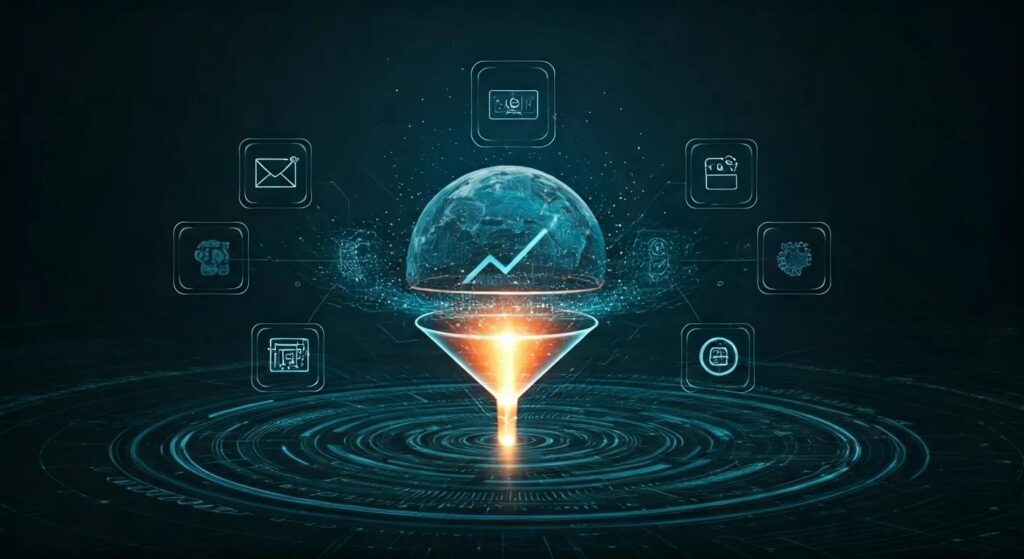 Local Business Google Ranking Benefits From Reputation Management 1 A sleek, modern digital workspace featuring flowing icons of automation, ai, crm, email, and chatbots converging into a glowing funnel symbolizing business growth, accented by subtle blueprint elements in cool tech-inspired tones of blue, white, and silver.