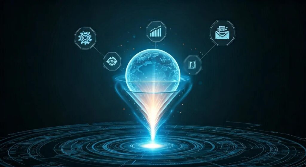 Key Insights On Reputation Management Costs You Should Know 6 A striking, minimalist digital workspace showcases flowing icons for automation, ai, crm, email, and chatbots converging into a glowing funnel, symbolizing business growth, against a sleek background of subtle blueprint elements in cool tech-inspired tones of blue, white, and silver.