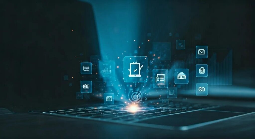 Key Insights On Reputation Management Costs You Should Know 5 A sleek, modern digital workspace featuring icons for automation, ai, crm, email, and chatbots funneling into a glowing business growth transformation, overlaid with subtle blueprint elements in cool tones of blue, white, and silver.