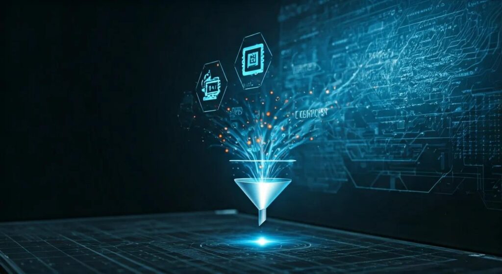 Key Insights On Reputation Management Costs You Should Know 4 A sleek, modern digital workspace showcases icons for automation, ai, crm, and chatbots seamlessly flowing into a glowing funnel that symbolizes business growth, set against a minimalist backdrop of subtle blueprint elements in cool tech-inspired tones of blue, white, and silver.