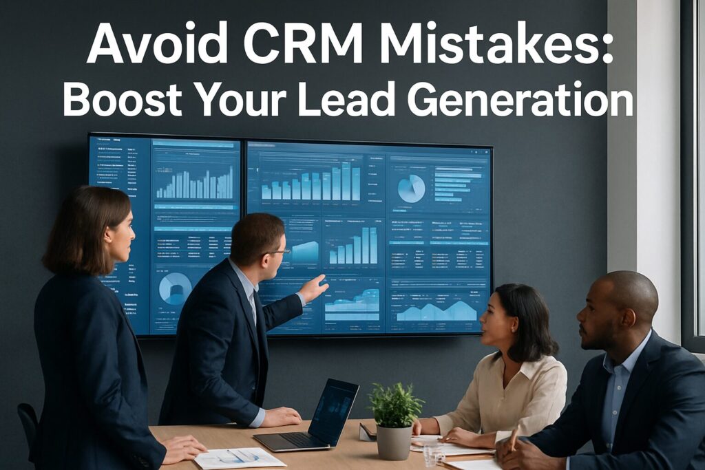 Crm Mistakes That Are Costing You Leads (And How To Fix Them) 75 Create a social media image featuring the text: 'avoid crm mistakes: boost your lead generation'. The background should depict a business team analyzing crm data on multiple digital screens in a modern office setting.