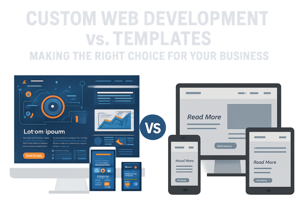 Custom Web Development Vs. Templates: Which Is Right For Your Business? 57 Social media graphic with text overlay: 'custom web development vs. Templates: making the right choice for your business', showcasing a side-by-side comparison of a custom-built, intricate web design next to a simple template design on various devices like smartphones, tablets, and desktops.