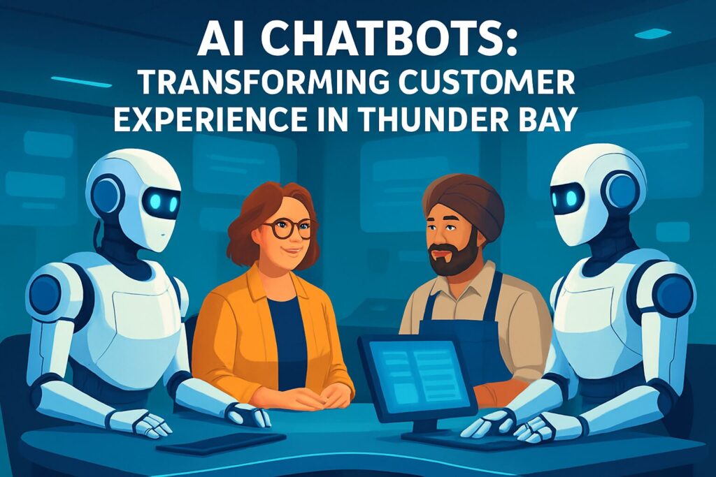 How Ai Chatbots Are Revolutionizing Customer Service For Thunder Bay Businesses 63 An image depicting a futuristic customer service desk featuring ai chatbots assisting diverse small business owners in thunder bay, with text overlay saying 'ai chatbots: transforming customer experience in thunder bay'.