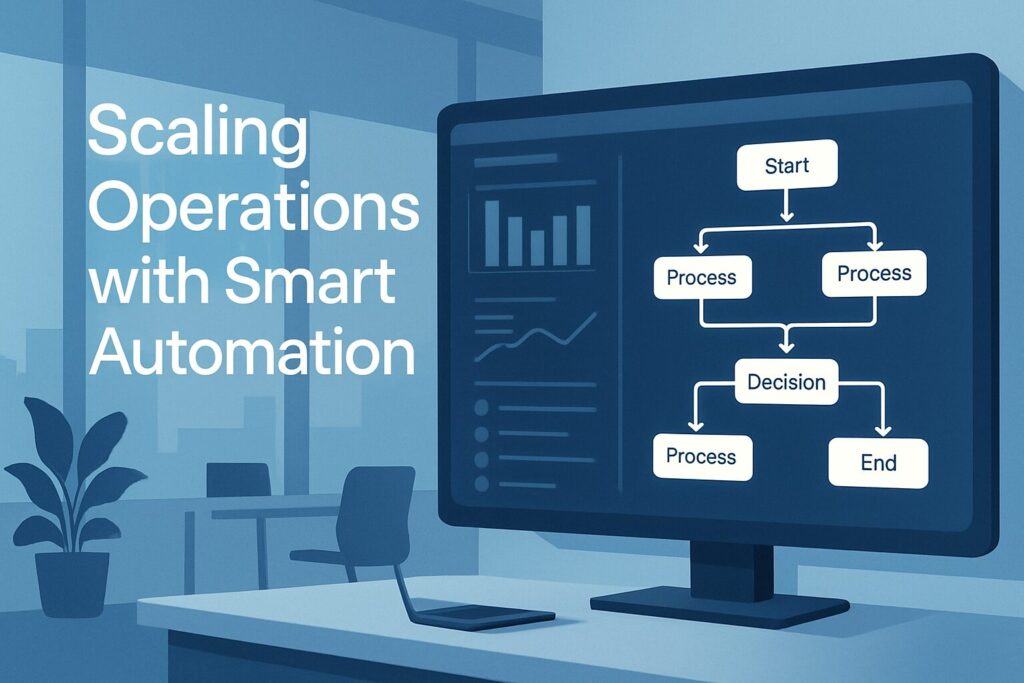Scaling Your Operations With Smart Automation Systems 65 An image illustrating modern business automation with a digital dashboard displaying automated workflows, office setting, and the text 'scaling operations with smart automation' in a sleek font.