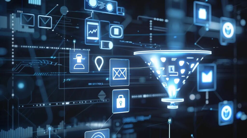 Mastering Ai And Automation Pricing Models For Informed Choices 69 A sleek, modern digital workspace showcases flowing icons for automation, ai, crm, email, and chatbots converging into a glowing funnel symbolizing business growth, set against a minimalist backdrop with subtle blueprint elements in cool tech-inspired tones of blue, white, and silver.