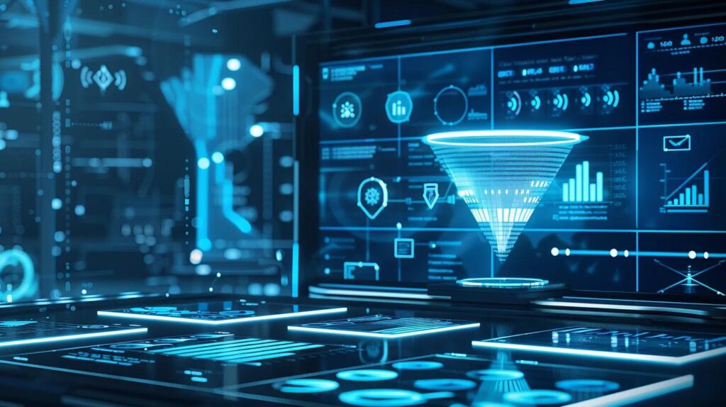 Overcoming Key Challenges In Your Ai Journey 3 A sleek, modern digital workspace featuring a minimalist funnel transforming icons of ai, automation, and crm into vibrant business growth metrics, accentuated by cool blue and silver tones alongside subtle blueprint elements in the background.