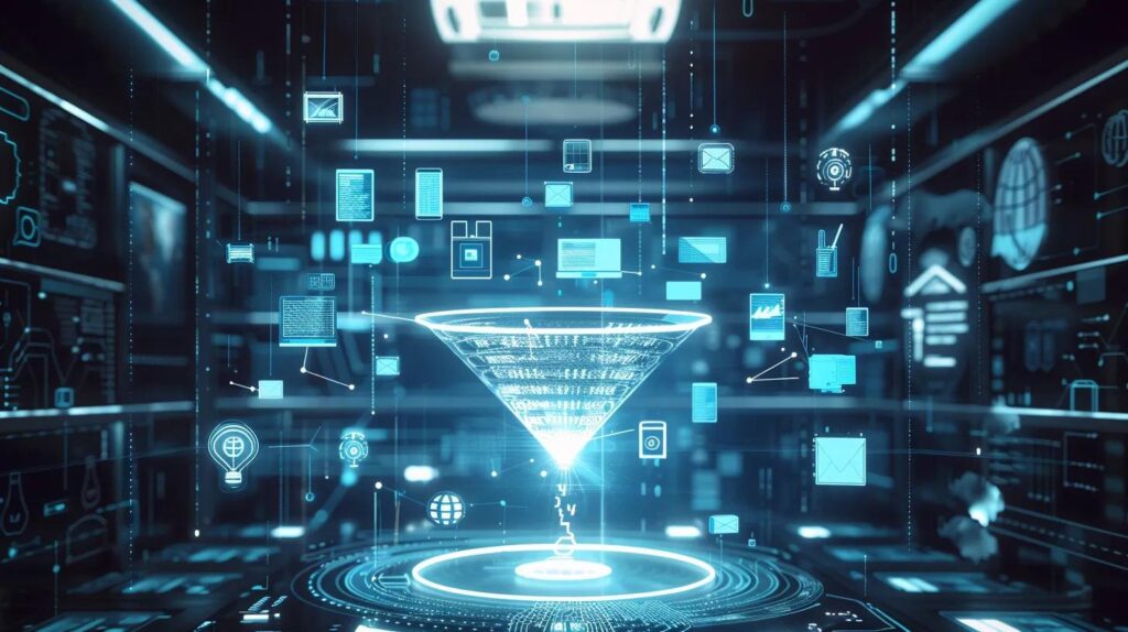 Overcoming Key Challenges In Your Ai Journey 4 A sleek, modern digital workspace features a glowing funnel seamlessly integrating icons for automation, ai, crm, email, and chatbots, with subtle blueprint elements in the background, all rendered in cool blue, white, and silver tones to symbolize the transformative journey of ai adoption through effective change management.