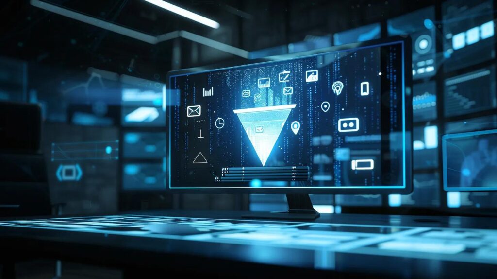 Assess Your Business Needs For Ai And Automation Success 3 A sleek, modern digital workspace featuring a minimalist funnel design with glowing icons representing automation, ai, crm, email, and chatbots, seamlessly flowing into the structure while a subtle blueprint backdrop adds a professional touch.