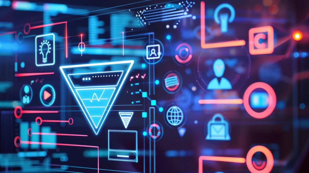 Unpacking Ai Basics: Essential Principles For Newcomers 2 A sleek, modern digital workspace features flowing icons representing automation, ai, crm, email, and chatbots converging into a glowing funnel, symbolizing business growth against a backdrop of subtle blueprints and cool tech-inspired tones.
