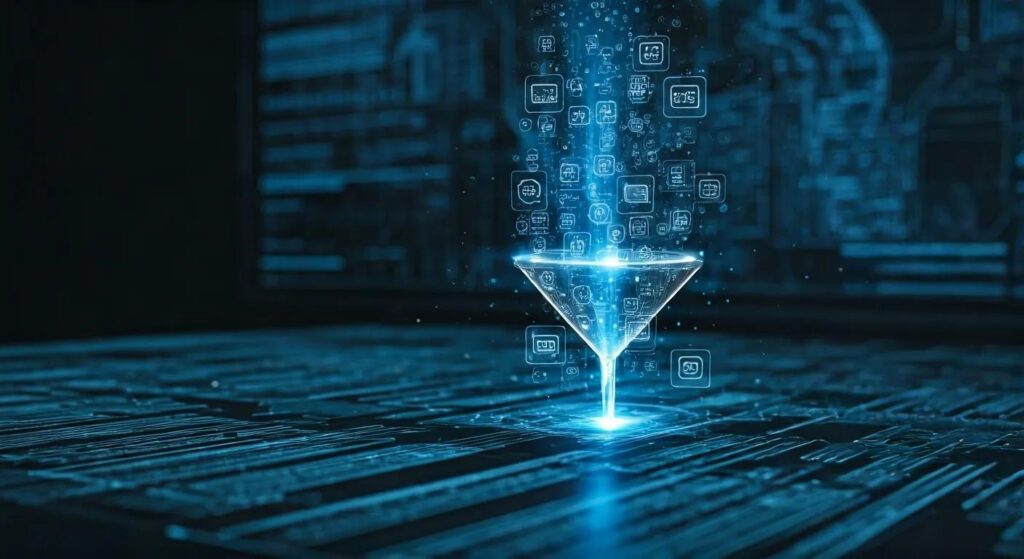 Key Insights On Reputation Management Costs You Should Know 2 A sleek, modern digital workspace illuminated with cool blue and silver tones showcases automated icons for ai, crm, email, and chatbots seamlessly flowing into a glowing funnel that symbolizes business growth, complemented by abstract blueprint elements in the background to convey innovation in professional reputation management.