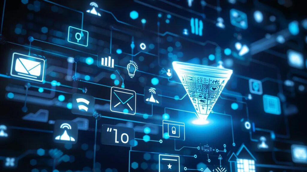 Search Results Shaped By Google Ranking Algorithms 2 A sleek, modern digital workspace showcases vibrant icons for automation, ai, crm, email, and chatbots flowing into a glowing funnel, symbolizing business growth, with subtle blueprint elements in the cool tones of blue, white, and silver.