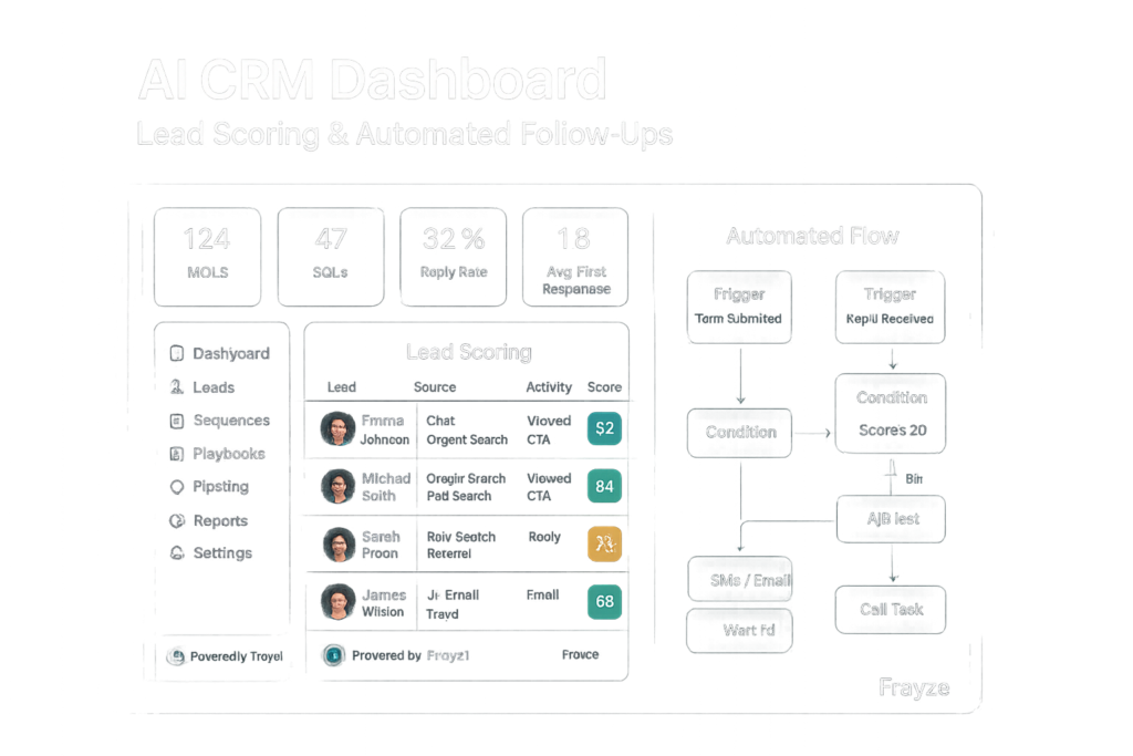 AI CRM dashboard with lead scoring and automated follow-ups.