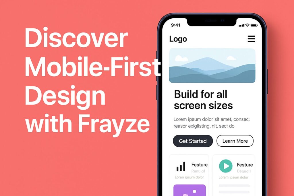 Mobile-First Website Design: Capturing Customers On The Go 13 Create an engaging visual for social media with a modern smartphone interface showcasing various mobile-friendly website elements, include text: 'discover mobile-first design with frayze. '
