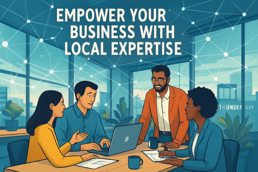 The Benefits Of Partnering With A Local Thunder Bay Tech Agency 37 An illustrative image showing a collaborative meeting in a thunder bay office, overlay of network connections symbolizing tech integration with text: 'empower your business with local expertise'.