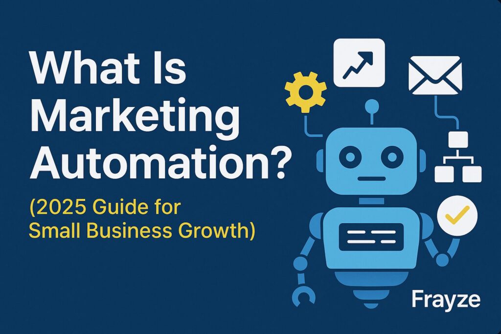 What Is Marketing Automation? (2025 Beginner’s Guide For Small Businesses) 35 Illustration of a robot surrounded by marketing icons with the title “what is marketing automation? (2025 guide for small business growth)” and frayze branding
