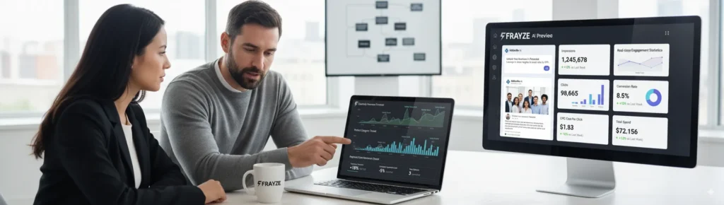 Here's an image of a Frayze-branded strategy session with a client reviewing dashboards on a laptop