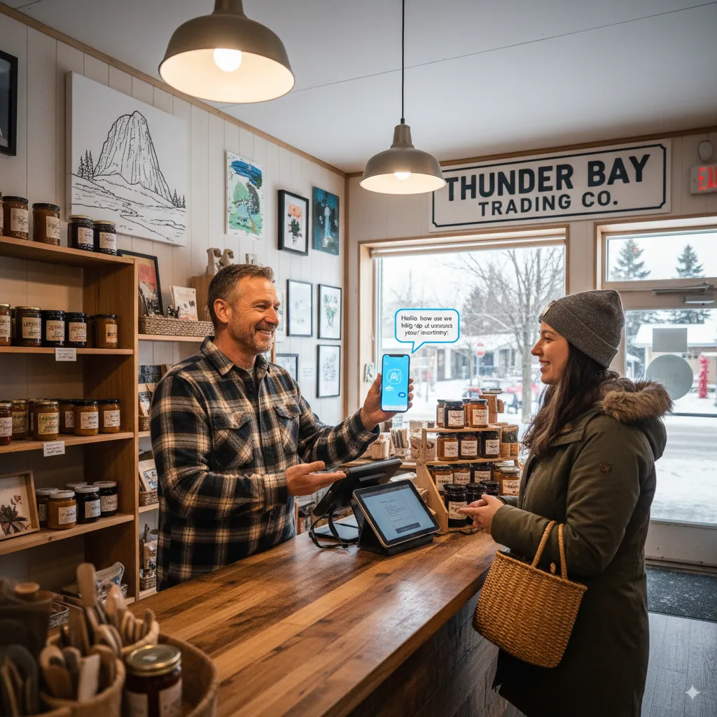 Local shop owner checking a chatbot conversation on their phone while serving a customer.