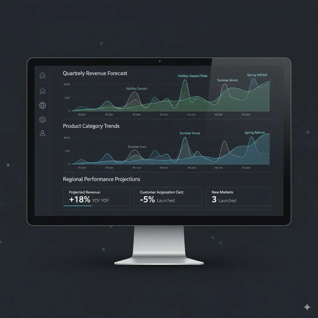 A business dashboard with line charts predicting seasonal sales trends.